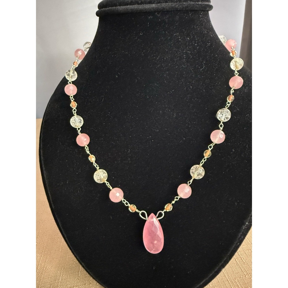 Dainty Strawberry Quartz Clear Stones 925 Sterling Silver Pendant Necklace 16"